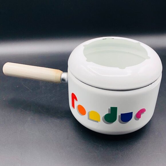 80s White Enamel Fondue Pot Gray Wooden Handle Rainbow Arcade Video Game Font - Picture 2 of 11